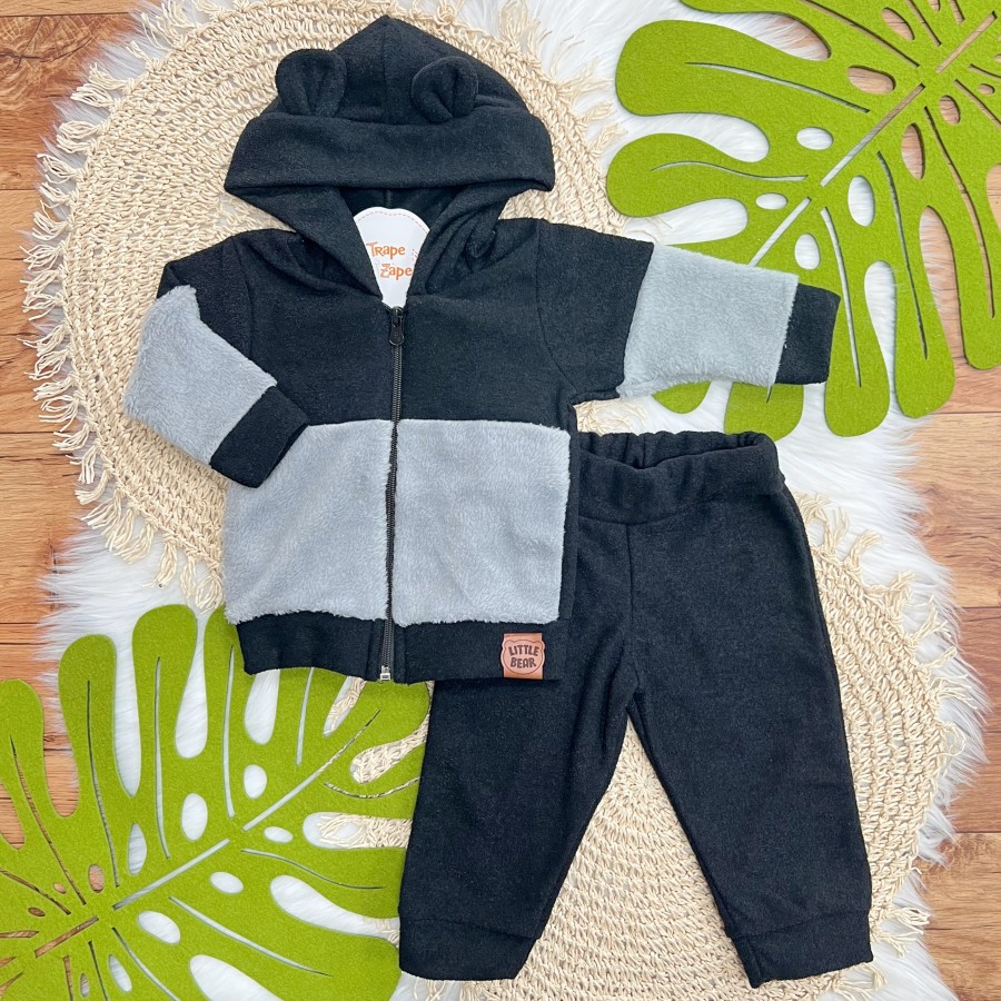 Conj. Jaqueta com Capuz Little Bear e Calça Boucle - Preto e Cinza